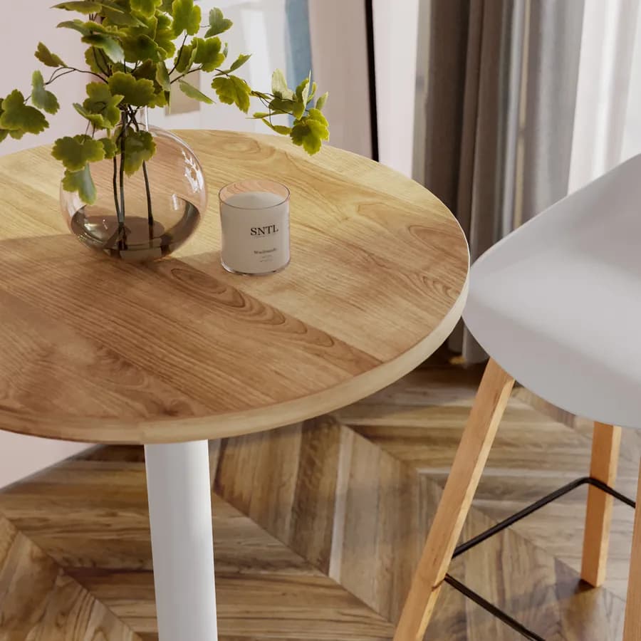 Tavolo alto rotondo 80 cm con piano rovere e struttura in metallo bianco - Caio