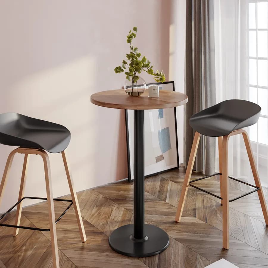 Tavolo alto rotondo 80 cm con piano rovere scuro e struttura in metallo nero - Caio