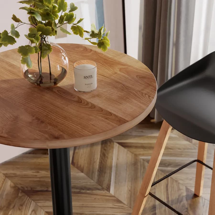Tavolo alto rotondo 80 cm con piano rovere scuro e struttura in metallo nero - Caio