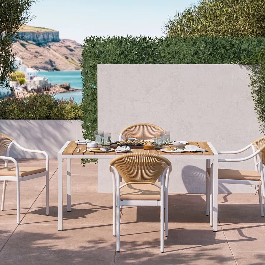 Tavolo da esterno 150x90 cm in acciaio bianco con top effetto legno - Chrysler