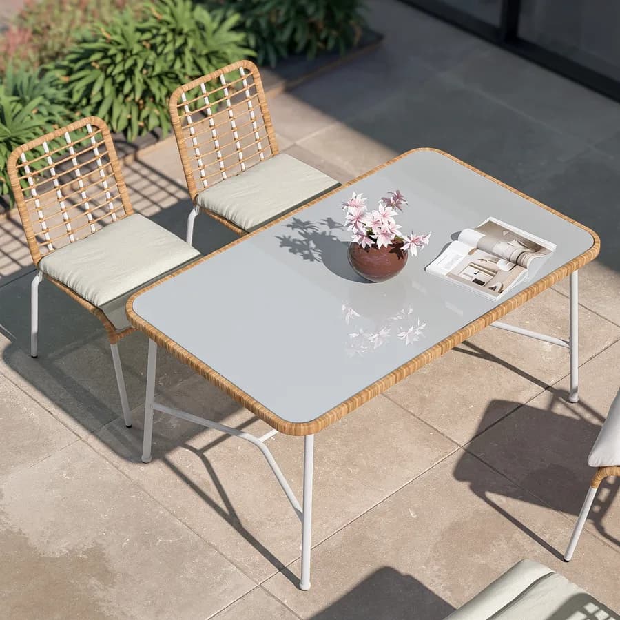 Tavolo da esterno 150x90 cm in acciaio bianco polyrattan naturale e top in vetro - Griel