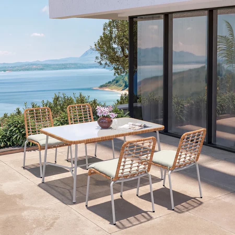 Tavolo da esterno 150x90 cm in acciaio bianco polyrattan naturale e top in vetro - Griel