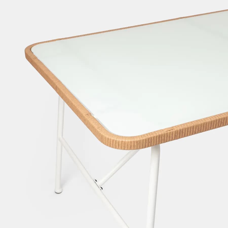 Tavolo da esterno 150x90 cm in acciaio bianco polyrattan naturale e top in vetro - Griel