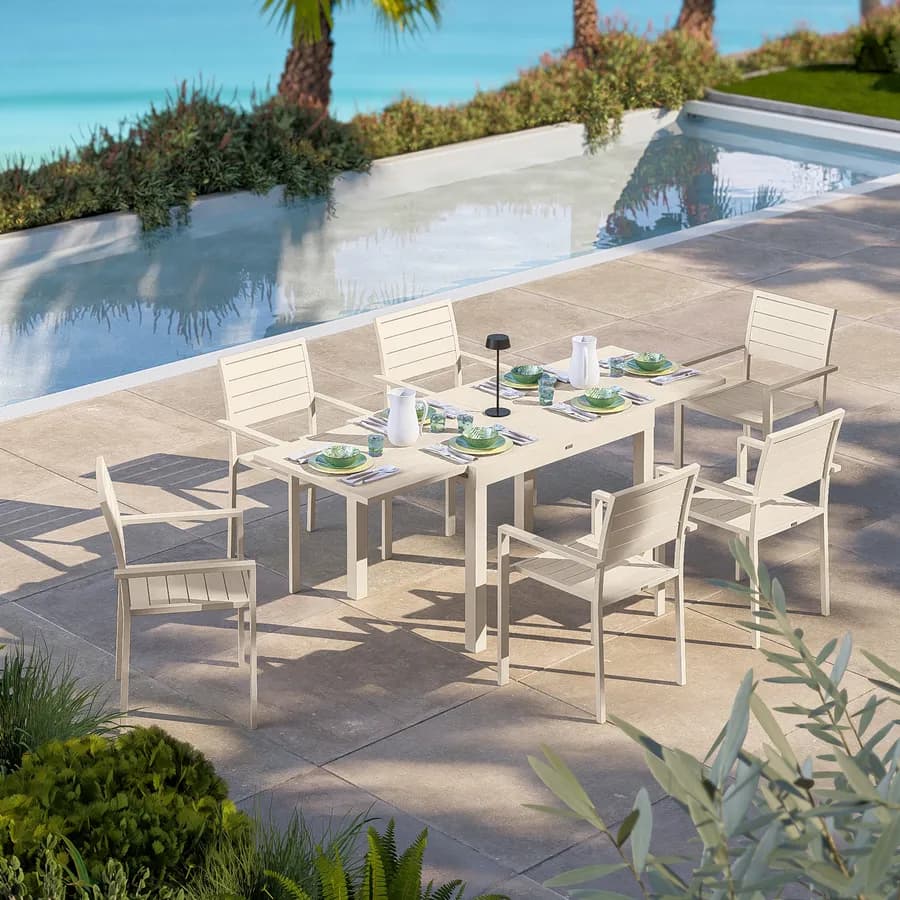 Tavolo da esterno allungabile 105/210x75 cm in alluminio vaniglia con top a doghe - Carioca