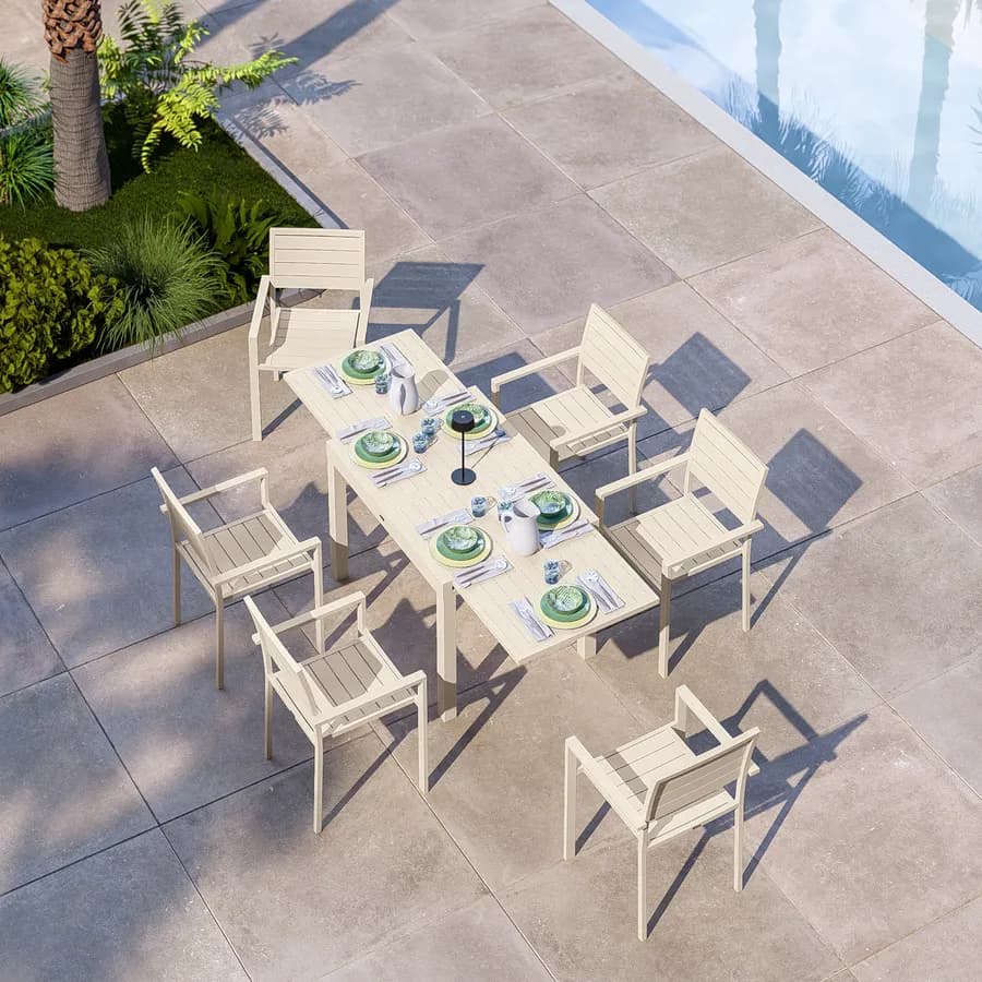 Tavolo da esterno allungabile 105/210x75 cm in alluminio vaniglia con top a doghe - Carioca