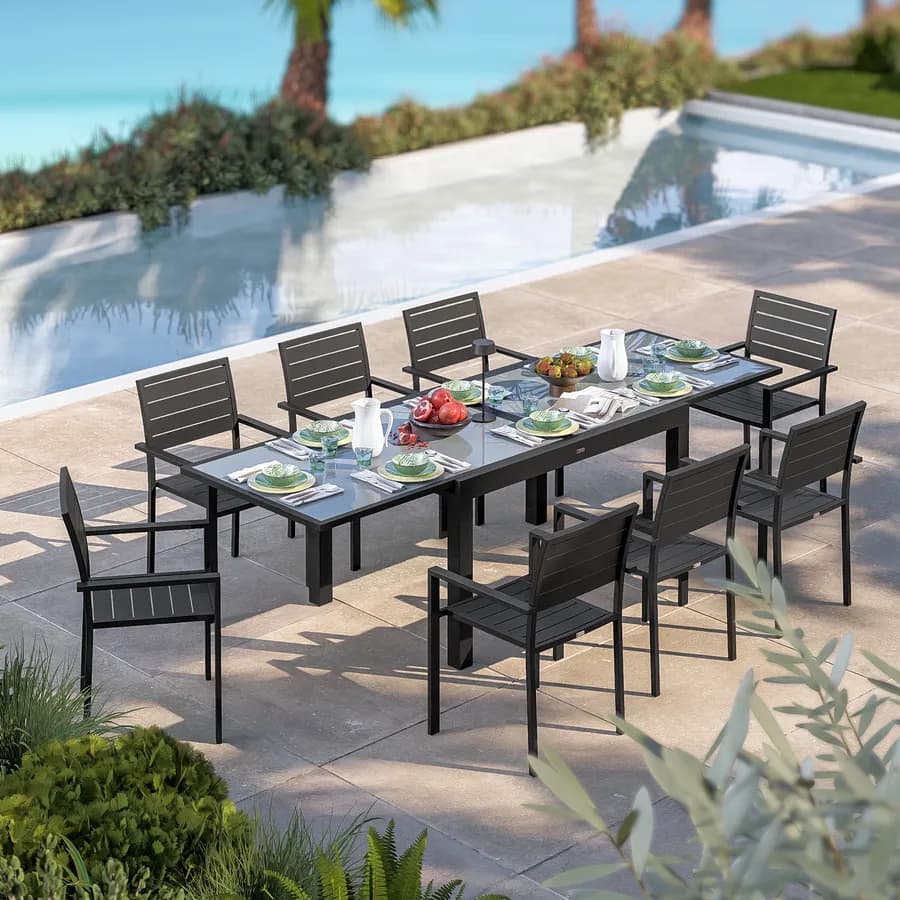 Tavolo da esterno allungabile 135/270x90 cm in alluminio antracite con top in vetro - Carioca