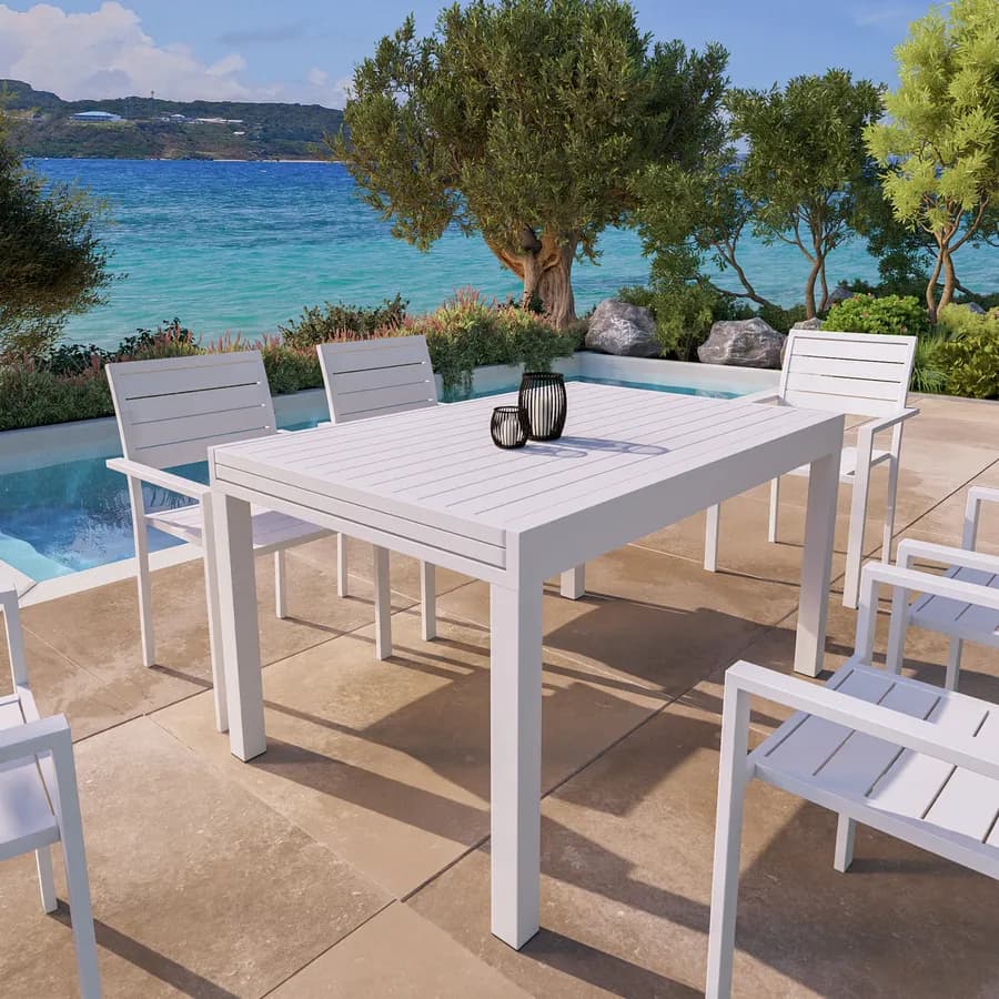 Tavolo da esterno allungabile 135/270x90 cm in alluminio bianco con top a doghe - Carioca