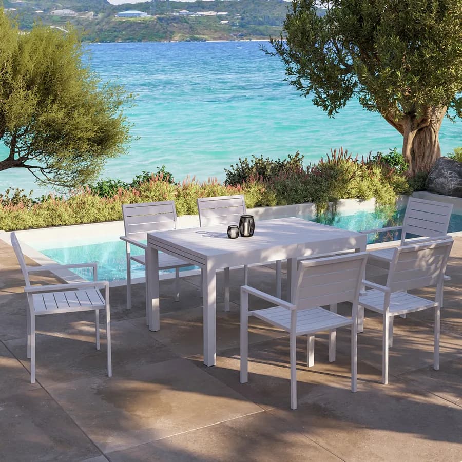 Tavolo da esterno allungabile 135/270x90 cm in alluminio bianco con top a doghe - Carioca
