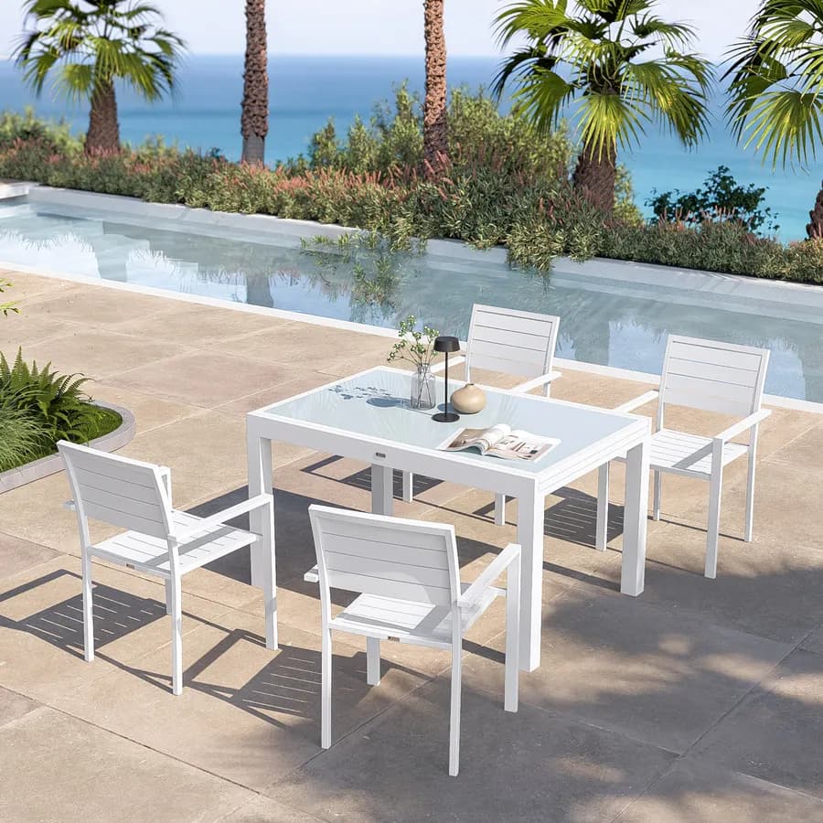 Tavolo da esterno allungabile 135/270x90 cm in alluminio bianco con top in vetro - Carioca