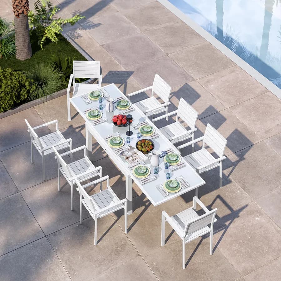 Tavolo da esterno allungabile 135/270x90 cm in alluminio bianco con top in vetro - Carioca