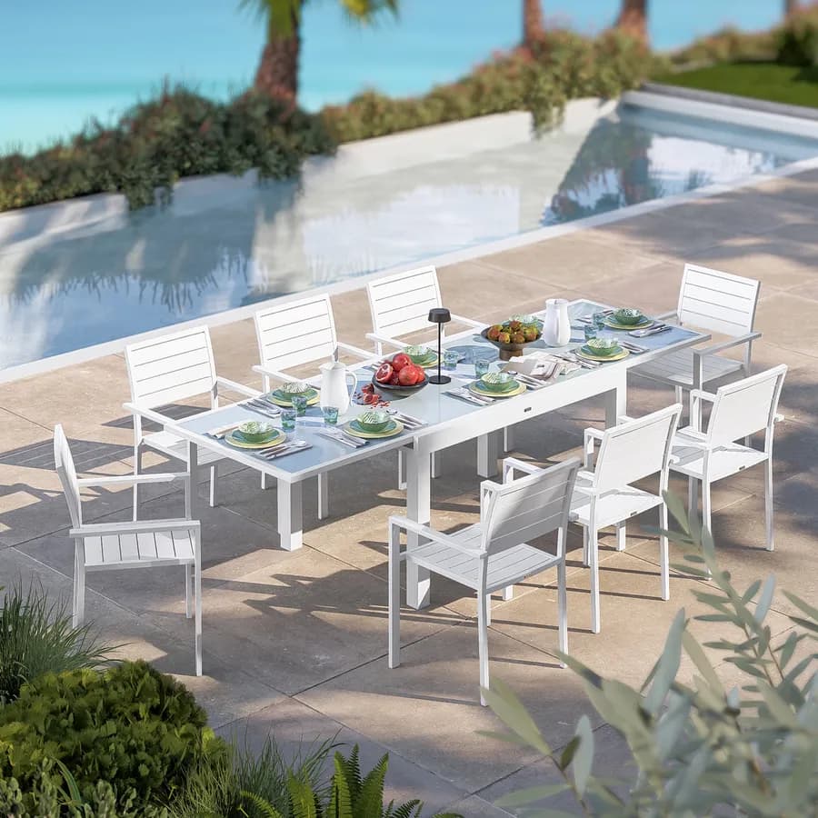 Tavolo da esterno allungabile 135/270x90 cm in alluminio bianco con top in vetro - Carioca