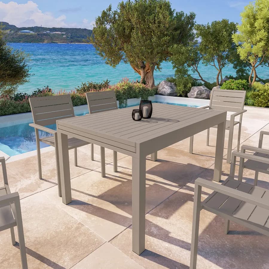 Tavolo da esterno allungabile 135/270x90 cm in alluminio tortora con top a doghe - Carioca