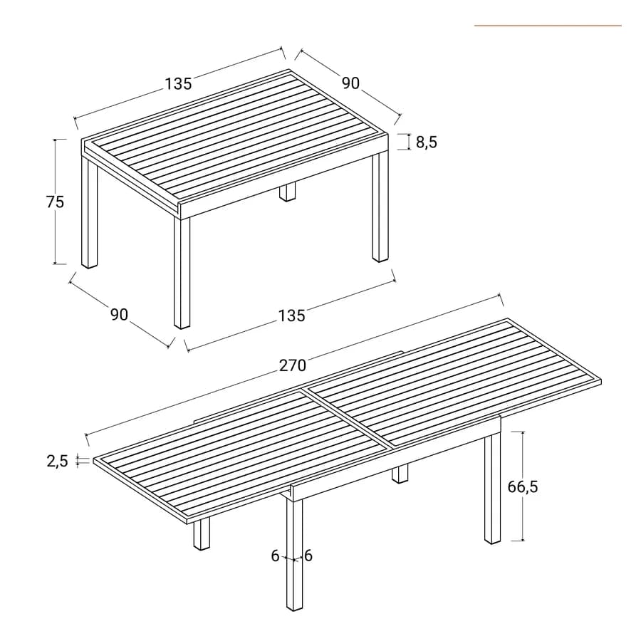 Tavolo da esterno allungabile 135/270x90 cm in alluminio tortora con top a doghe - Carioca