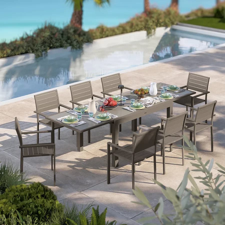 Tavolo da esterno allungabile 135/270x90 cm in alluminio tortora con top in vetro - Carioca