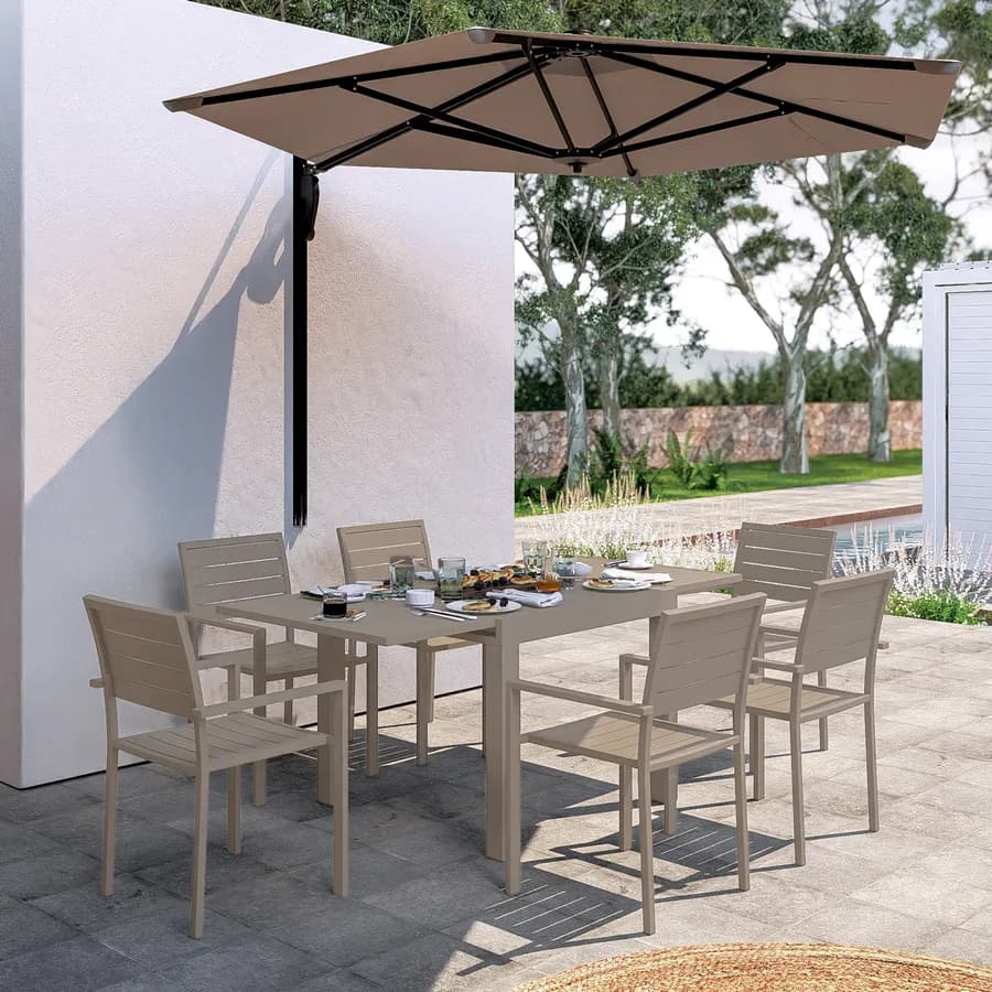 Tavolo da esterno allungabile 90/180x90 cm in alluminio tortora con top a doghe - Carioca