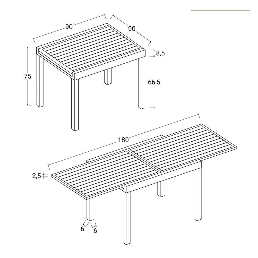 Tavolo da esterno allungabile 90/180x90 cm in alluminio tortora con top a doghe - Carioca