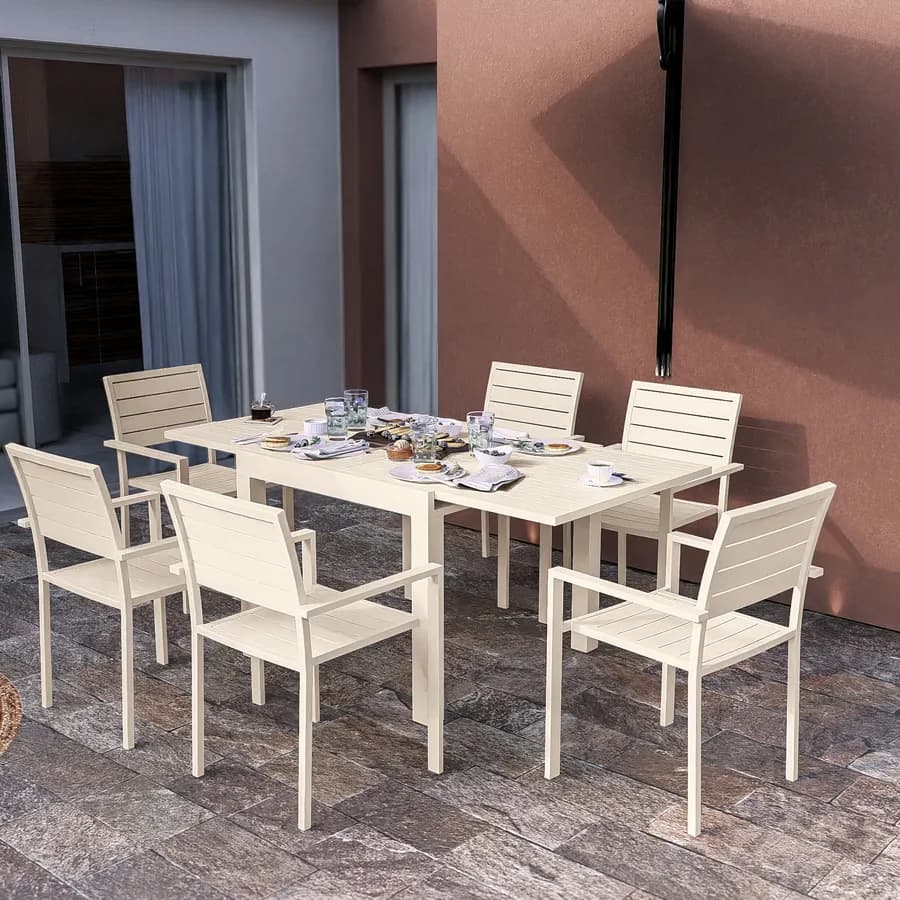 Tavolo da esterno allungabile 90/180x90 cm in alluminio vaniglia con top a doghe - Carioca