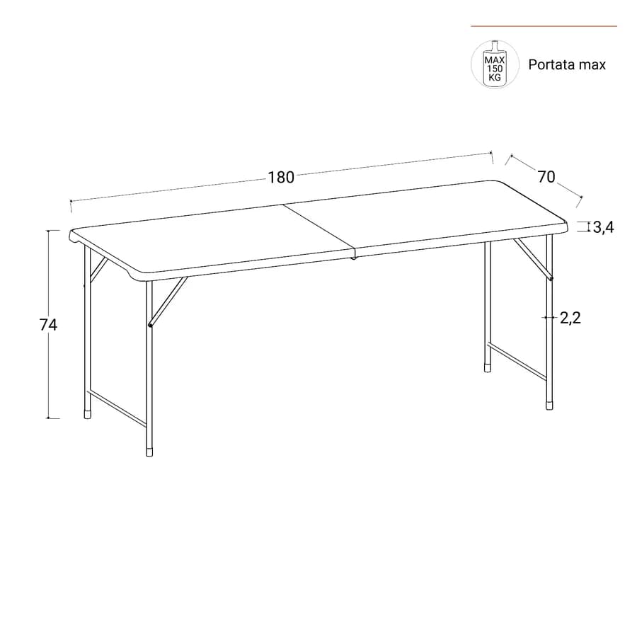 Tavolo da catering pieghevole 180x70 cm con gambe ad L in acciaio grigio opaco e top in resina bianco - Tasfa