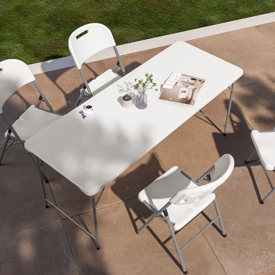 Tavolo da catering pieghevole 180x70 cm con gambe ad L in acciaio grigio opaco e top in resina bianco - Tasfa