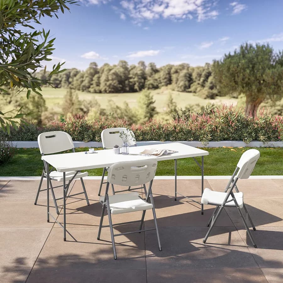 Tavolo da catering pieghevole 180x70 cm con gambe ad L in acciaio grigio opaco e top in resina bianco - Tasfa