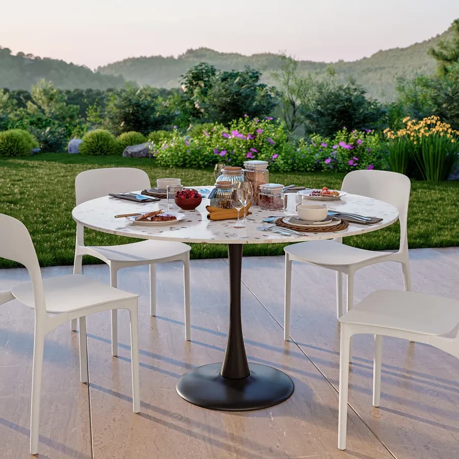 Tavolo rotondo da giardino 120 cm metallo nero e top effetto terrazzo veneziano - Tulipano