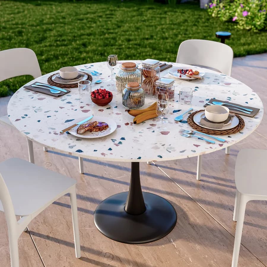 Tavolo rotondo da giardino 120 cm metallo nero e top effetto terrazzo veneziano - Tulipano
