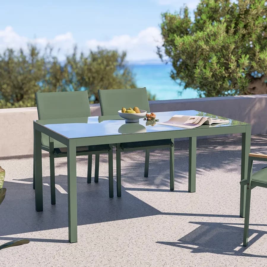 Tavolo da giardino 150x90 cm con top in vetro temperato e acciaio verde oliva - Tamika