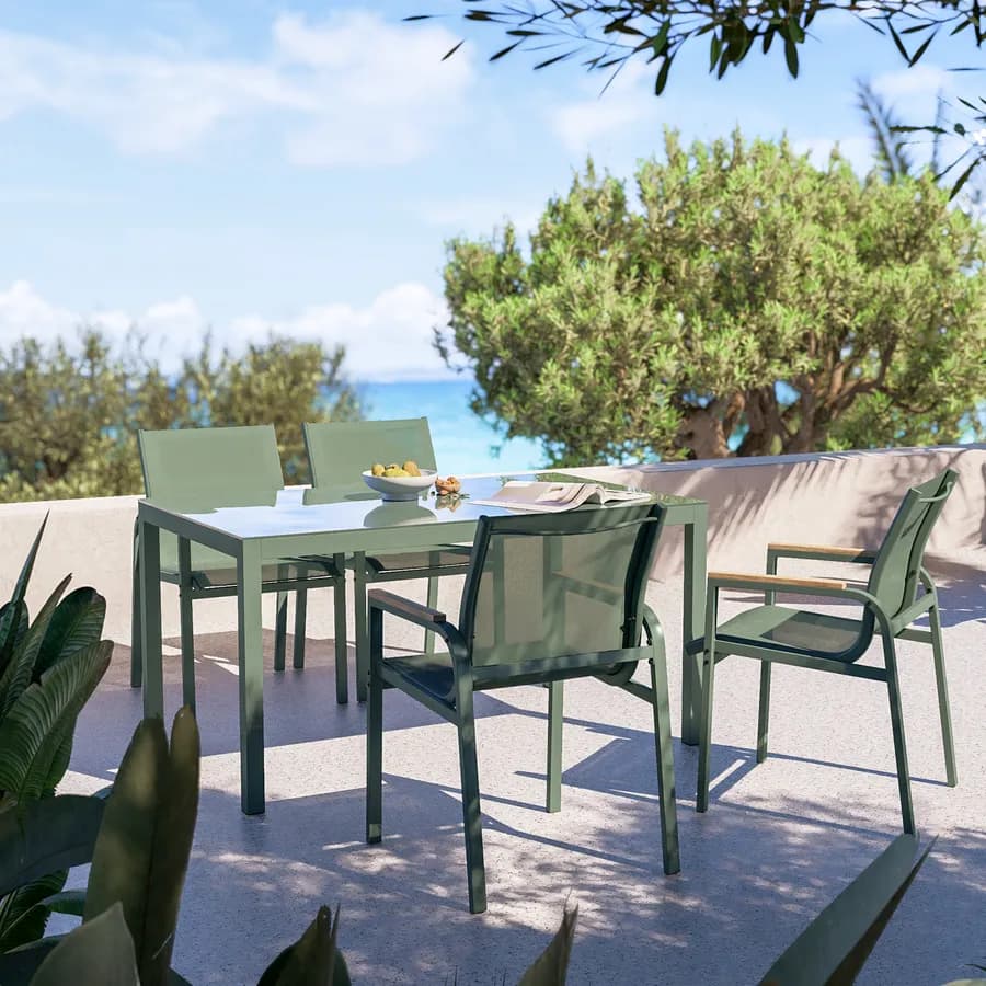 Tavolo da giardino 150x90 cm con top in vetro temperato e acciaio verde oliva - Tamika