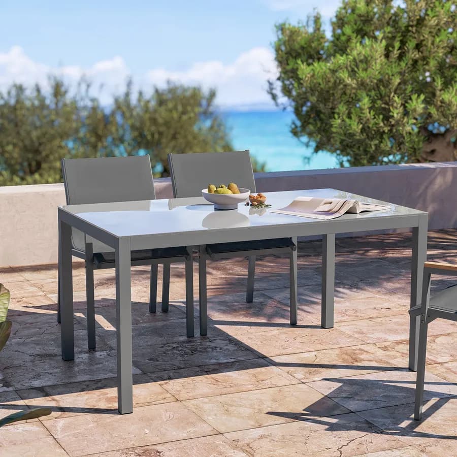 Tavolo da giardino 150x90 cm con top vetro temperato e acciaio grigio - Tamika