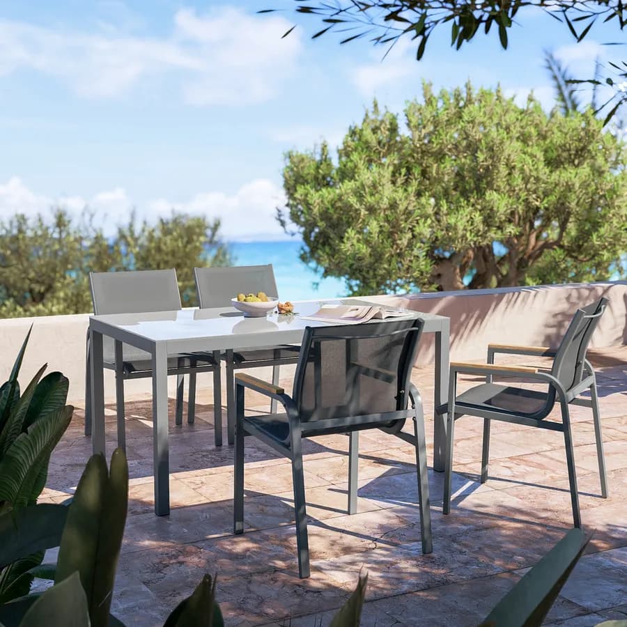 Tavolo da giardino 150x90 cm con top vetro temperato e acciaio grigio - Tamika