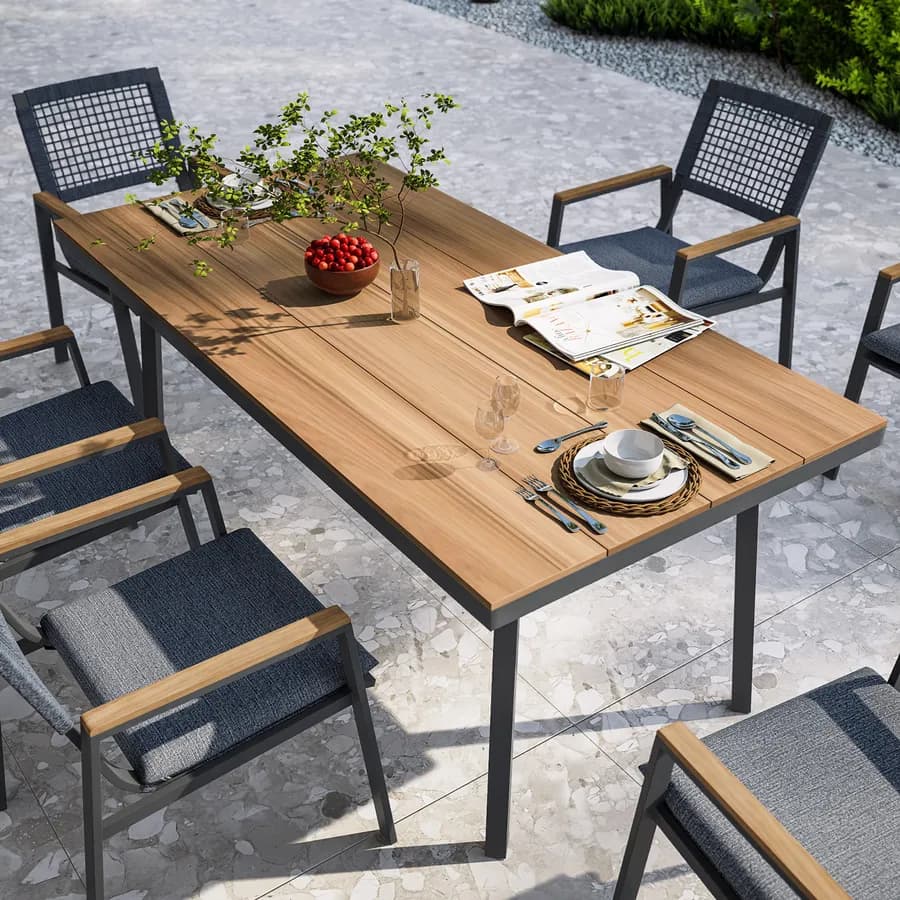 Tavolo da giardino 180x90 cm con top effetto legno e struttura in metallo antracite - Ibisco