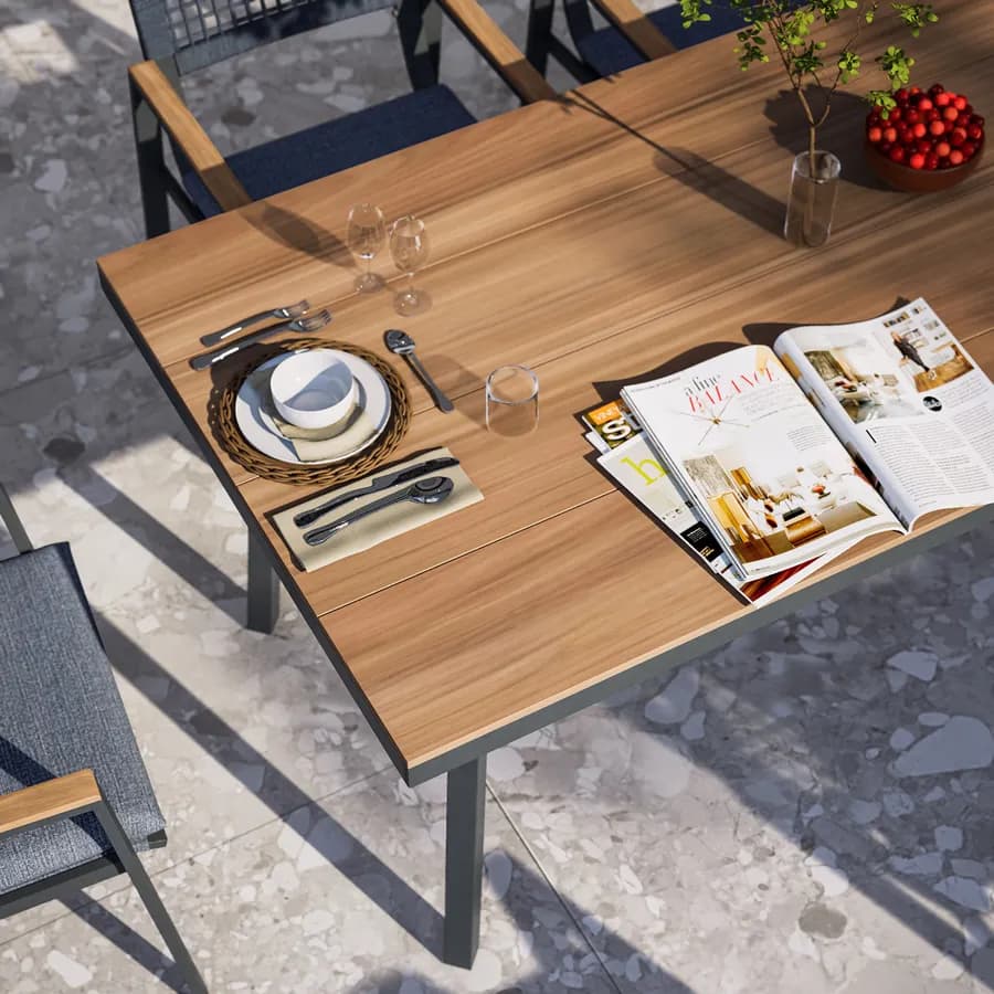 Tavolo da giardino 180x90 cm con top effetto legno e struttura in metallo antracite - Ibisco