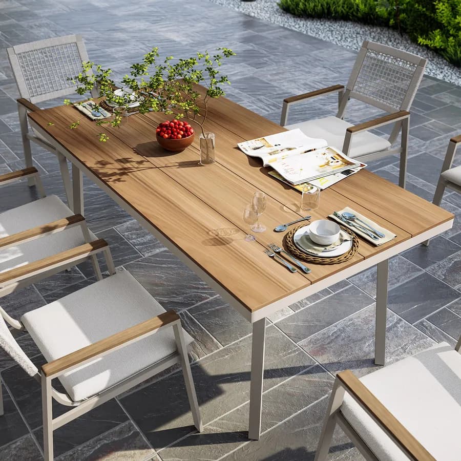 Tavolo da giardino 180x90 cm con top effetto legno e struttura in metallo tortora - Ibisco