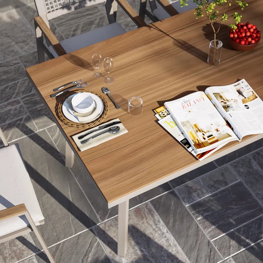 Tavolo da giardino 180x90 cm con top effetto legno e struttura in metallo tortora - Ibisco