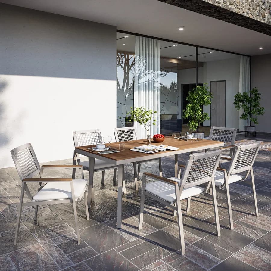 Tavolo da giardino 180x90 cm con top effetto legno e struttura in metallo tortora - Ibisco