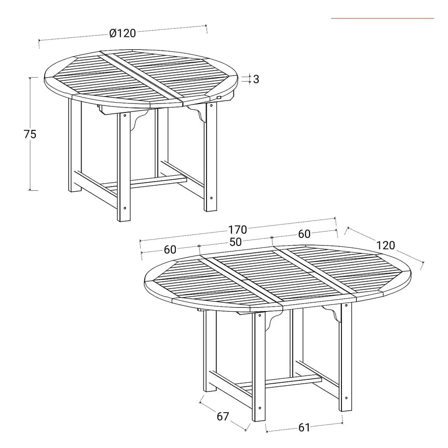 Tavolo rotondo da giardino allungabile 120/170x120 cm in legno teak - Louis