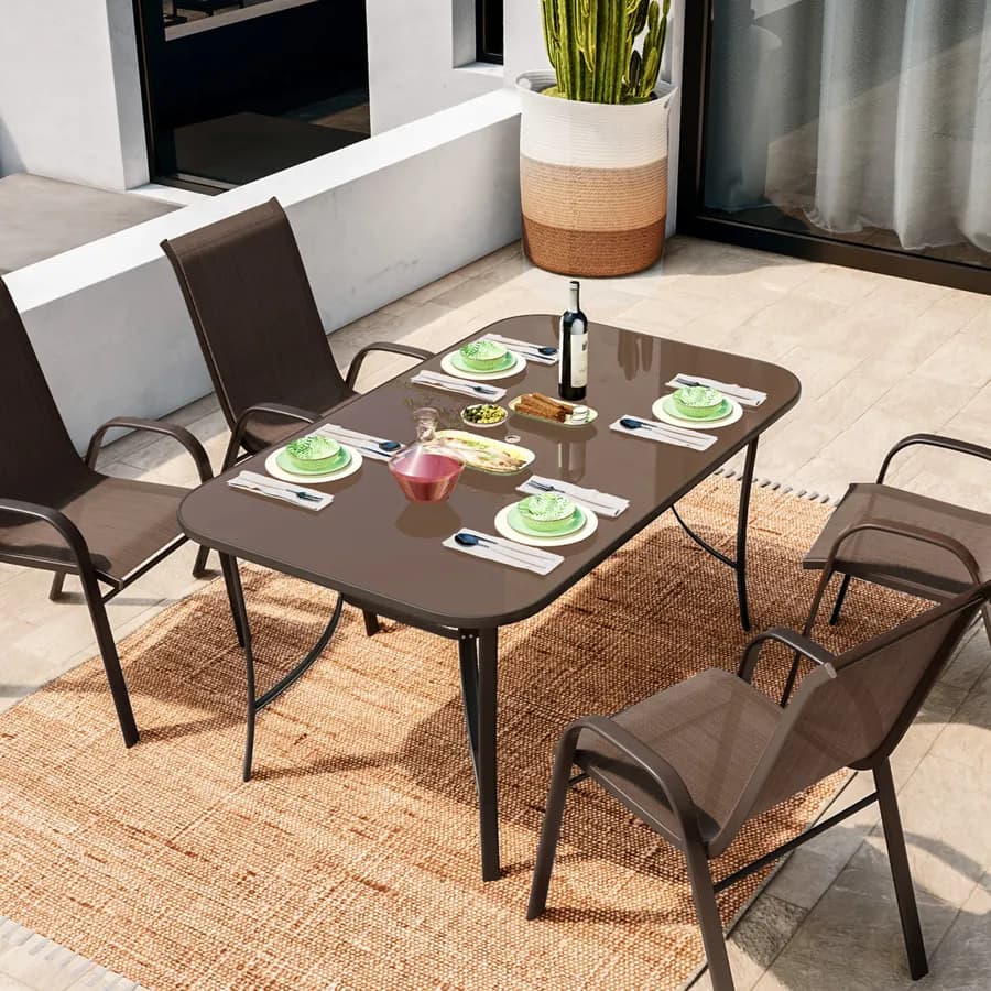 Tavolo da pranzo con top in vetro 150x90 cm in acciaio marrone con foro ombrellone - Ninfa