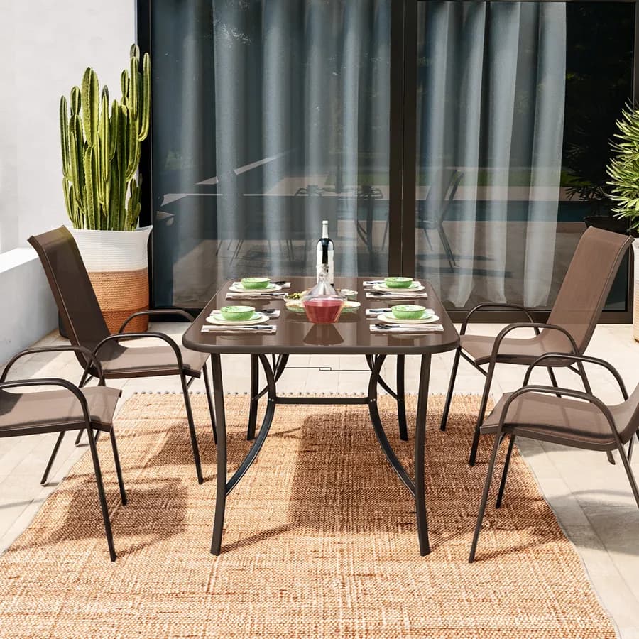 Tavolo da pranzo con top in vetro 150x90 cm in acciaio marrone con foro ombrellone - Ninfa