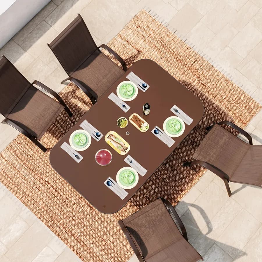 Tavolo da pranzo con top in vetro 150x90 cm in acciaio marrone con foro ombrellone - Ninfa