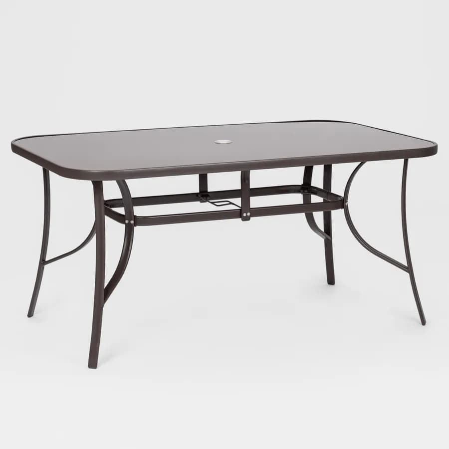 Tavolo da pranzo con top in vetro 150x90 cm in acciaio marrone con foro ombrellone - Ninfa