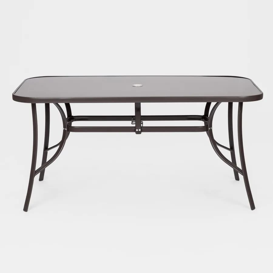 Tavolo da pranzo con top in vetro 150x90 cm in acciaio marrone con foro ombrellone - Ninfa