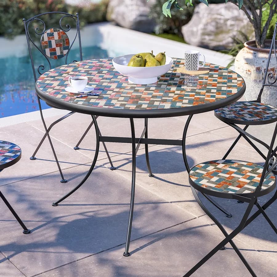 Tavolo da giardino rotondo 110 cm in metallo nero con mosaico patchwork in ceramica - Otranto