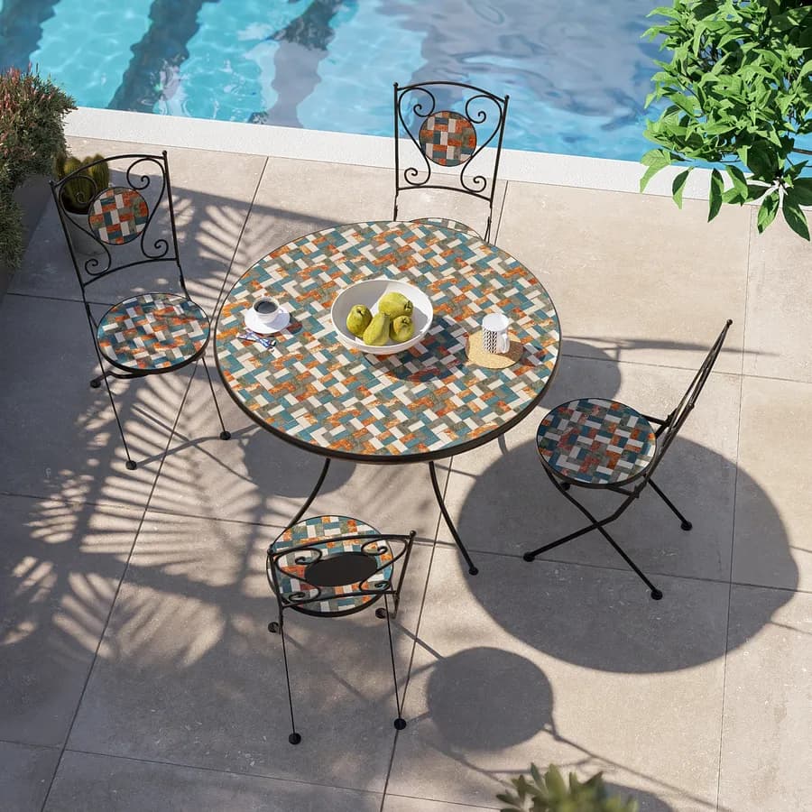 Tavolo da giardino rotondo 110 cm in metallo nero con mosaico patchwork in ceramica - Otranto