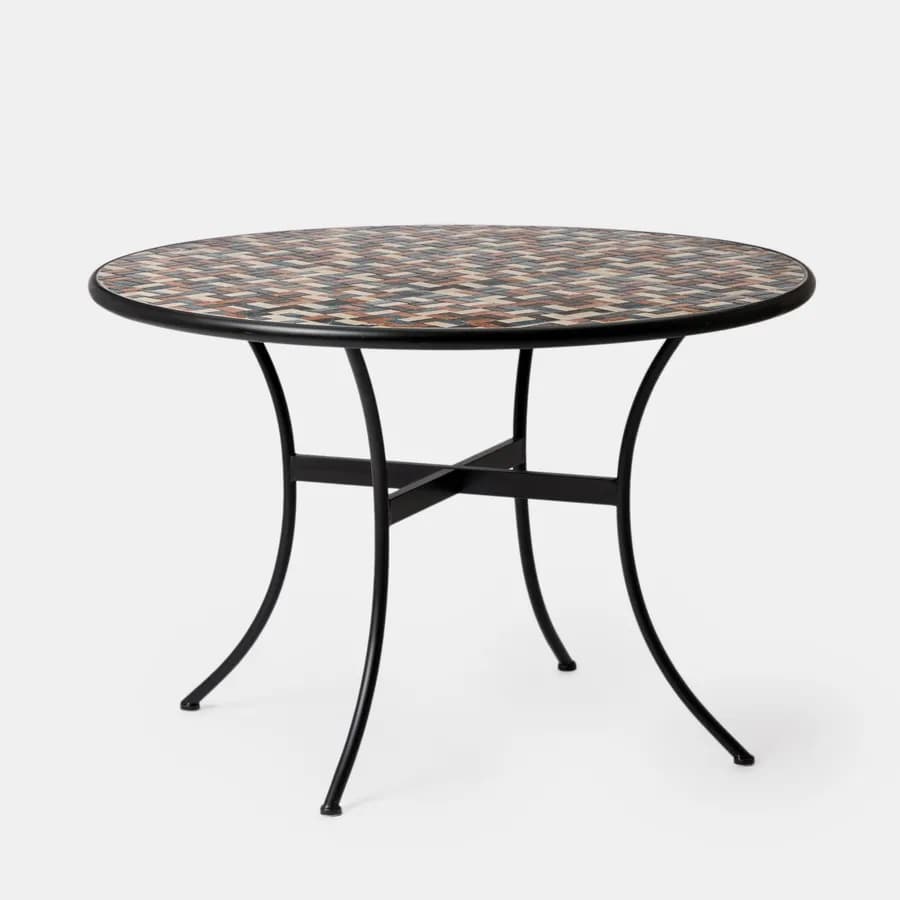 Tavolo da giardino rotondo 110 cm in metallo nero con mosaico patchwork in ceramica - Otranto