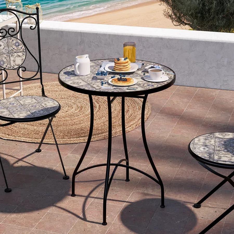 Tavolo da giardino rotondo 60 cm in metallo nero con decoro mosaico - Otranto