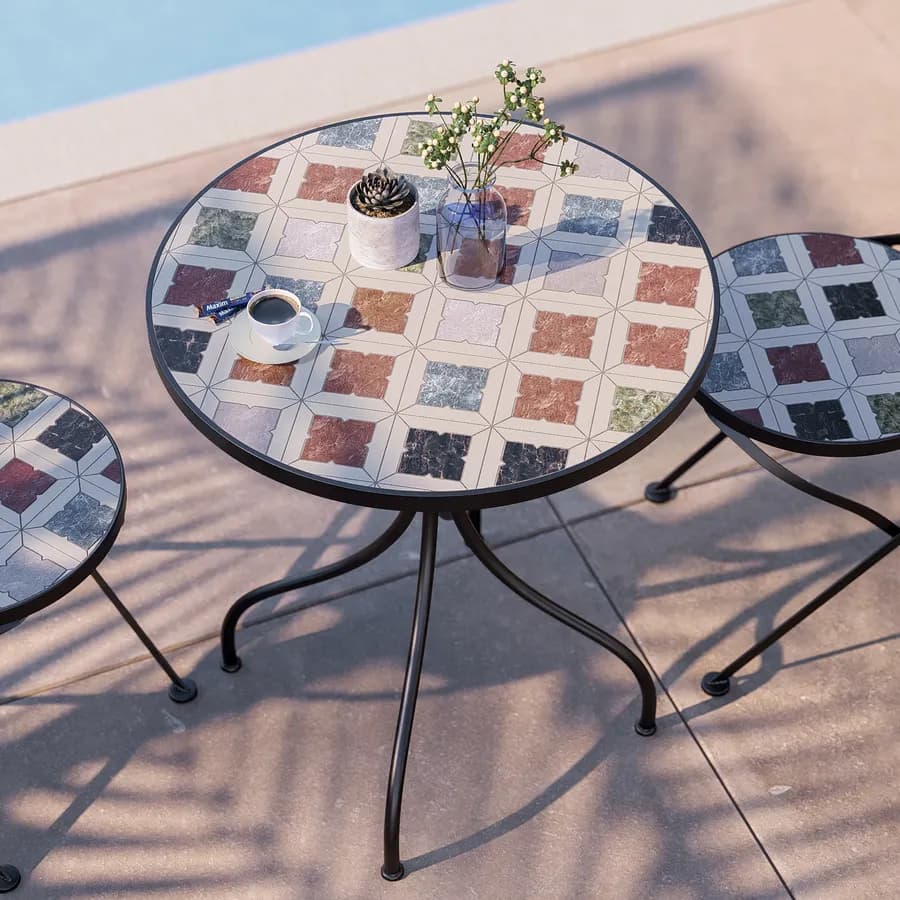 Tavolo da giardino rotondo 60 cm in metallo nero con mosaico geometrico in ceramica - Otranto