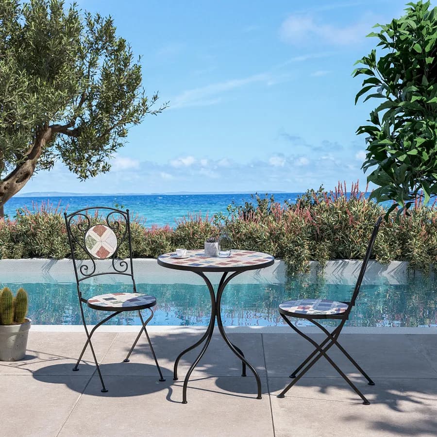 Tavolo da giardino rotondo 60 cm in metallo nero con mosaico geometrico in ceramica - Otranto