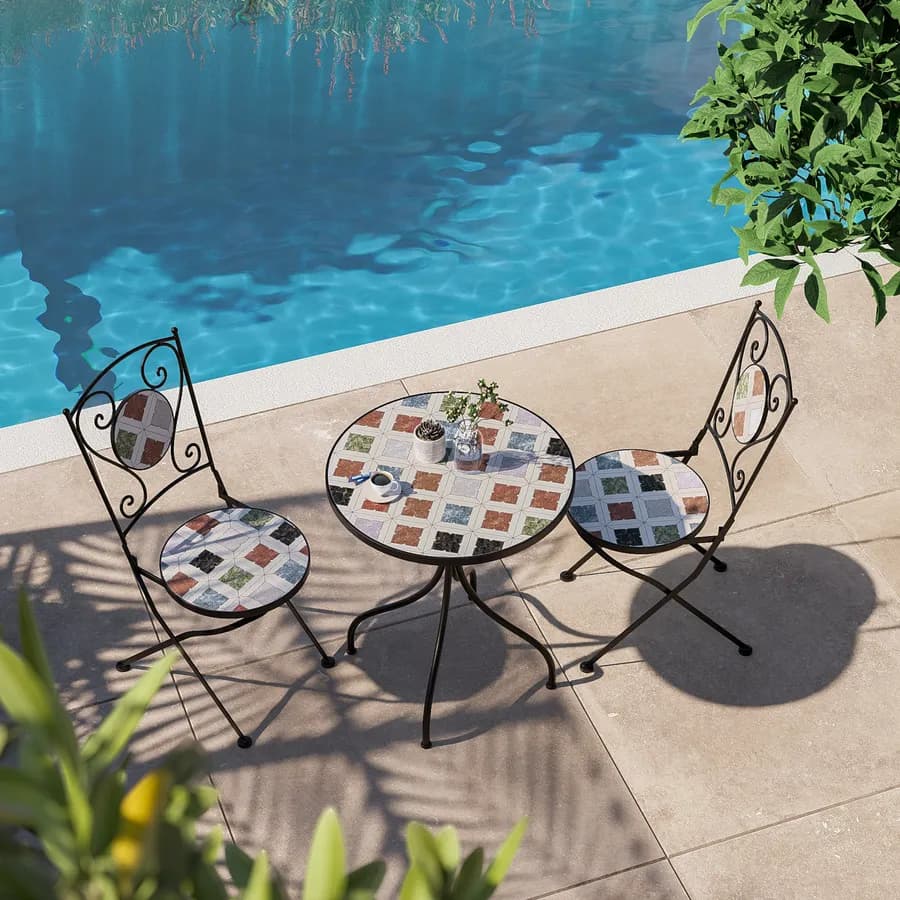 Tavolo da giardino rotondo 60 cm in metallo nero con mosaico geometrico in ceramica - Otranto