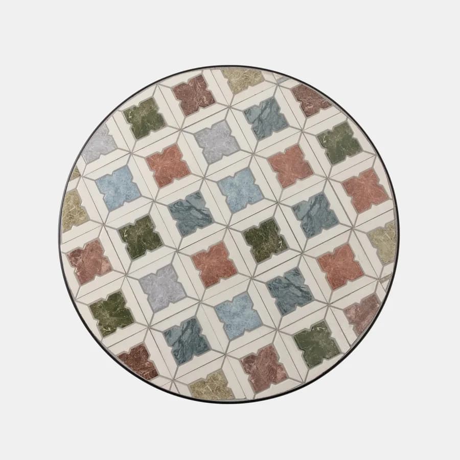 Tavolo da giardino rotondo 60 cm in metallo nero con mosaico geometrico in ceramica - Otranto