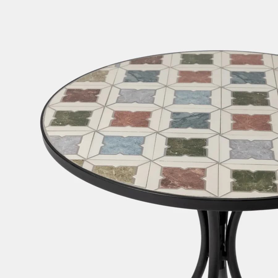 Tavolo da giardino rotondo 60 cm in metallo nero con mosaico geometrico in ceramica - Otranto